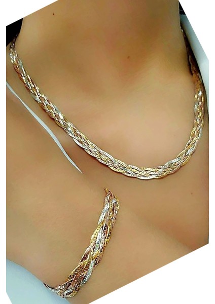 Altın İşçiliğinde 5 Sıra 3 renk Gümüş Hasır Kolye Bileklik Set