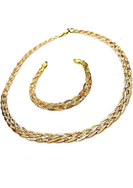 Altın İşçiliğinde 5 Sıra 3 renk Gümüş Hasır Kolye Bileklik Set fiyatları