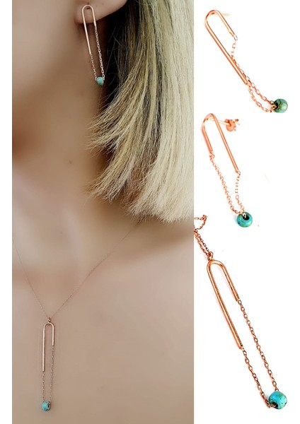 Turkuaz Taşlı Tasarım 925ayar Gümüş Rose Trend Set Takım