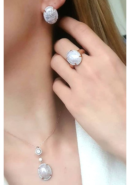 Kristal kuvars taşlı gümüş rose lüks set takım