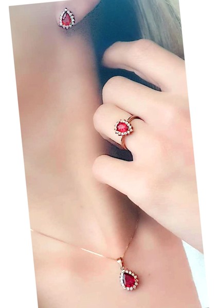 Kırmızı zirkon taşlı gümüş rose takı seti