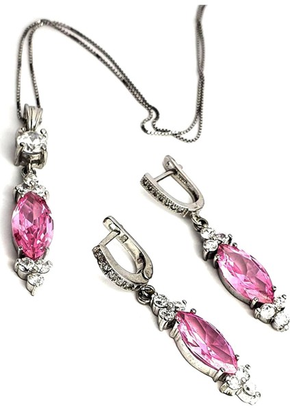 Pembe zirkon taşlı gümüş lüks takı seti