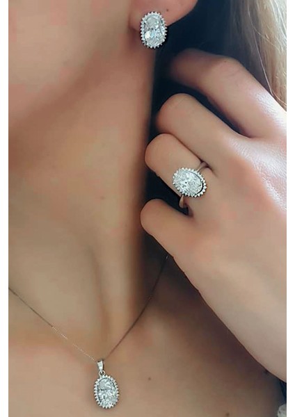 Sky diamond taşlı oval kesim gümüş lüks set takım