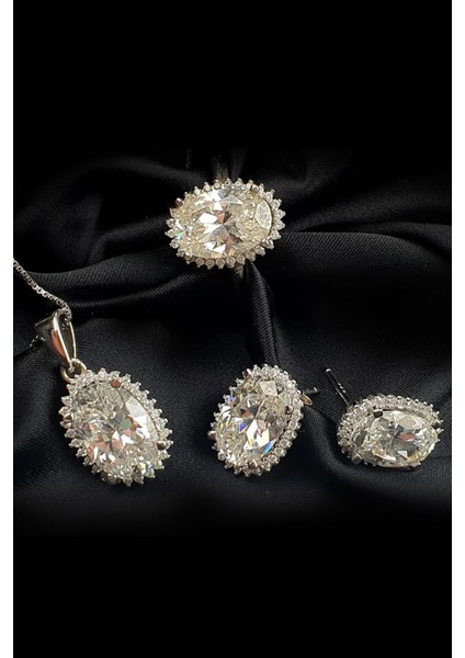Sky diamond taşlı oval kesim gümüş lüks set takım fiyatları