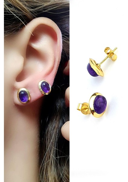 Ametist Taşlı 925AYAR Gümüş Üzerine Altın Kaplama Tasarım Doğal Taş Küpe