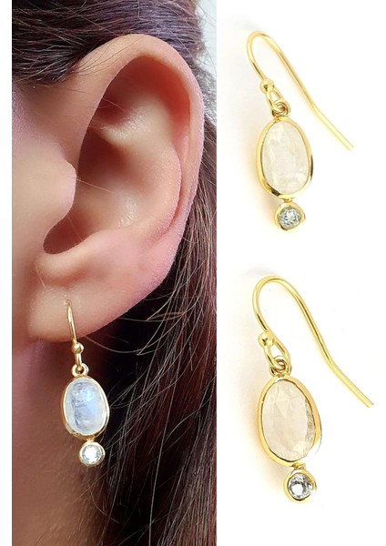 Ay Taşı ve Aquamarin Taşlı 925AYAR Gümüş Üzerine Altın Kaplama Tasarım Doğal Taş Küpe