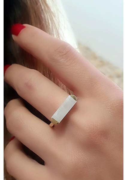 Ay Taşı 925 Ayar Gümüş Üzerine Altın Kaplama Tasarım Doğal Taş Yüzük