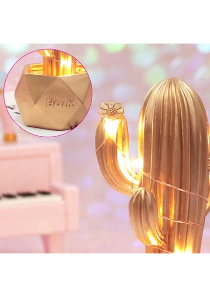 LED Işıklı Sevimli Kaktüs Dekoratif Masa Lambası Mini Biblo Gece Lambası-Gold