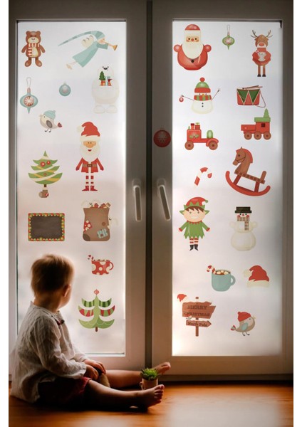 Yeni Yıl Merry Christmas Özel Kesimli Cam Duvar Kapı Sticker Setleri - Yılbaşı Seti