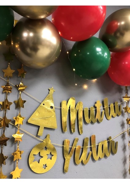 Masalsı Concept Mutlu Yıllar Gold Yazı Ledli Zincir Balon Setiyeni Yıl Yılbaşı Christmas Oda Süsleme Seti