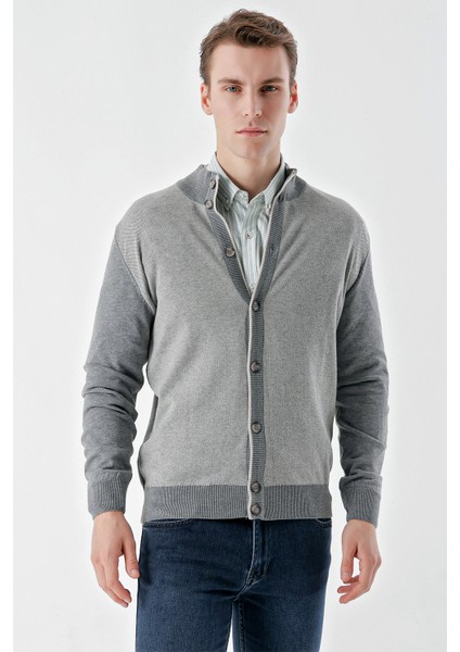 Erkek Orta Gri Trend Kuşgözü Düğmeli Triko Hırka