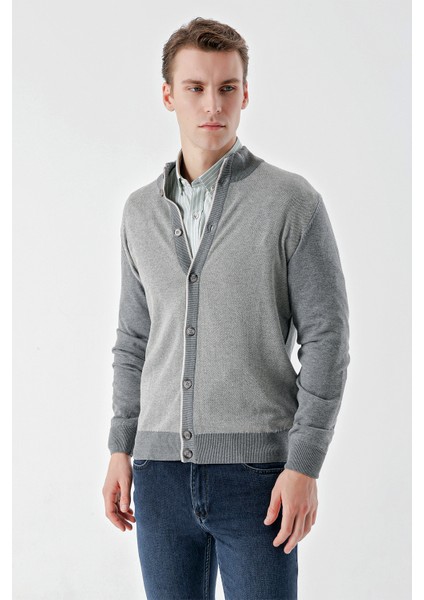 Erkek Orta Gri Trend Kuşgözü Düğmeli Triko Hırka modelleri