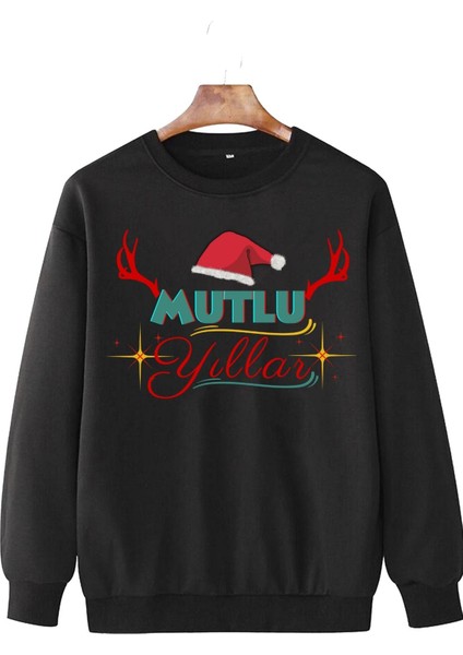 Yılbaşı Sweatshirtü, Noel Sweatshirtü Unisex Siyah Içi Pamuklu, Yıl Başı Kostümü, Yeni Yıl