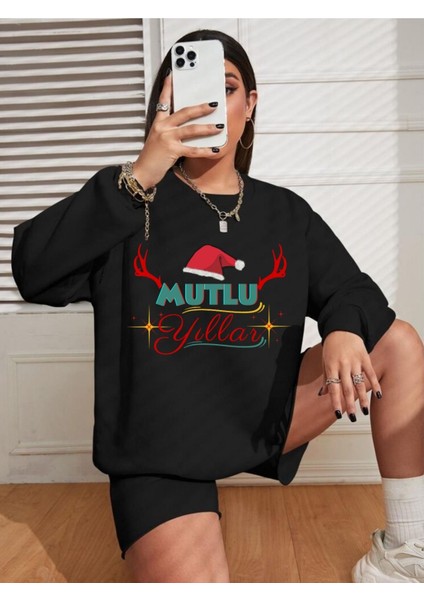 Yılbaşı Sweatshirtü, Noel Sweatshirtü Unisex Siyah Içi Pamuklu, Yıl Başı Kostümü, Yeni Yıl