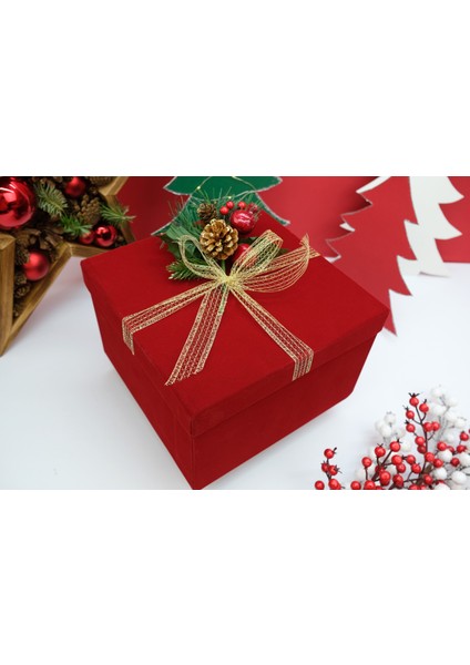 Yılbaşı Kadife Kırmızı Boş Hediye Kutusu - Sert Karton Kutu- 25 cm X25 cm X16 cm
