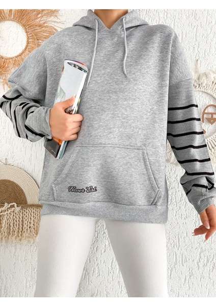 Kolu Çizgi Detaylı 3 Iplik Şardonlu Kapuşonlu Sweatshirt