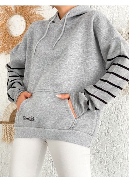 Kolu Çizgi Detaylı 3 Iplik Şardonlu Kapuşonlu Sweatshirt indirimleri