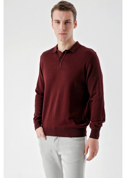 Erkek Koyu Bordo Basic Polo Yaka Dynamic Fit Rahat Kesim Triko