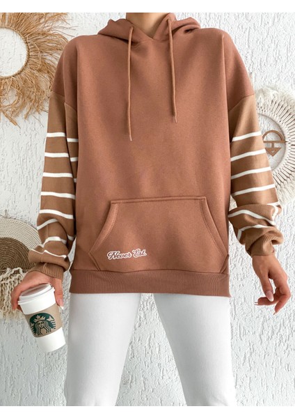 Kolu Çizgi Detaylı 3 Iplik Şardonlu Kapuşonlu Sweatshirt