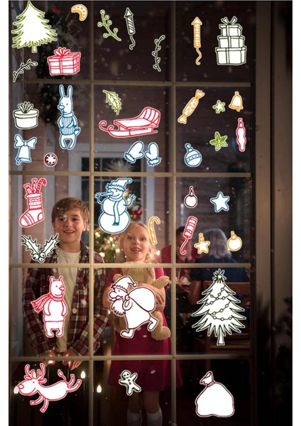 Yeni Yıl Merry Christmas Özel Kesimli Cam Duvar Kapı Sticker Setleri - Yılbaşı Seti