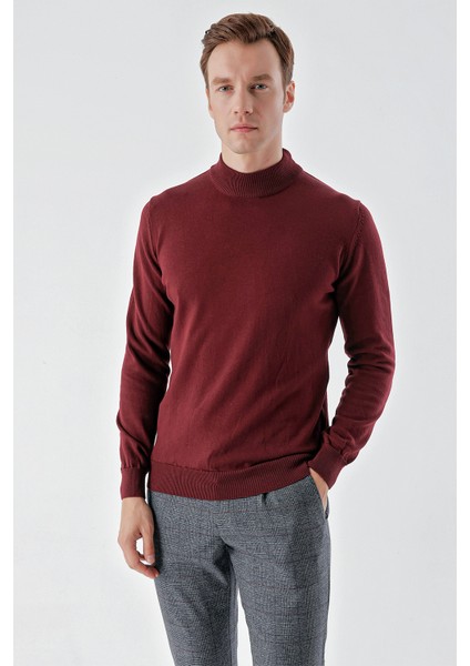 Erkek Koyu Bordo Basic Yarım Balıkçı Yaka Dynamic Fit Rahat Kesim Triko
