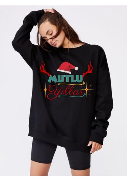 Yılbaşı Sweatshirtü, Noel Sweatshirtü Unisex Siyah Içi Pamuklu, Yıl Başı Kostümü, Yeni Yıl