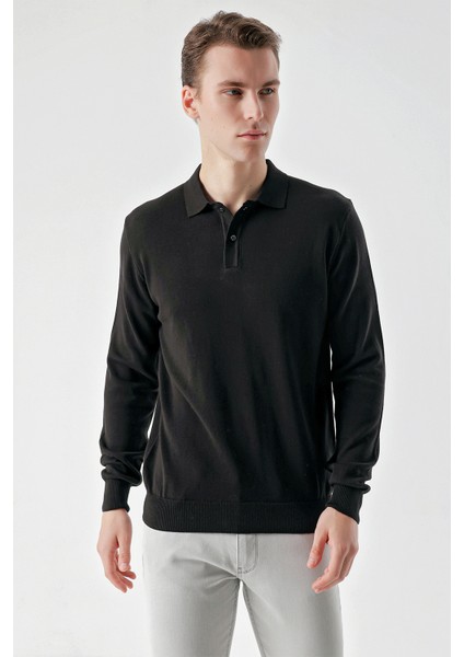 Erkek Siyah Basic Polo Yaka Dynamic Fit Rahat Kesim Triko