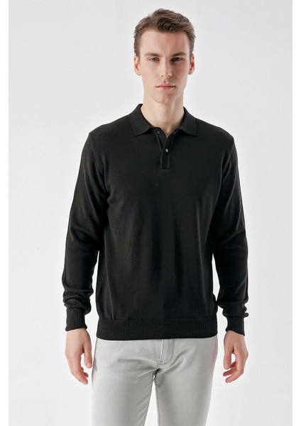 Erkek Siyah Basic Polo Yaka Dynamic Fit Rahat Kesim Triko