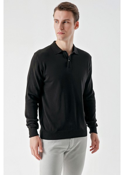 Erkek Siyah Basic Polo Yaka Dynamic Fit Rahat Kesim Triko