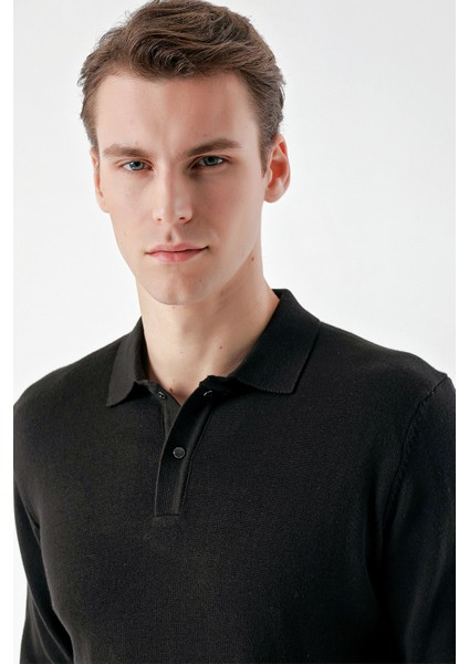 Erkek Siyah Basic Polo Yaka Dynamic Fit Rahat Kesim Triko