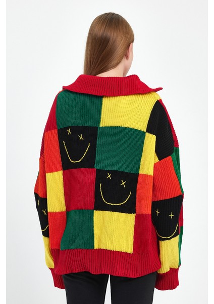 Kadın Renkli Triko Oversize Hırka