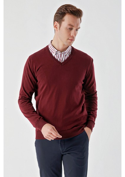 Erkek Koyu Bordo Basic V Yaka Dynamic Fit Rahat Kesim Triko