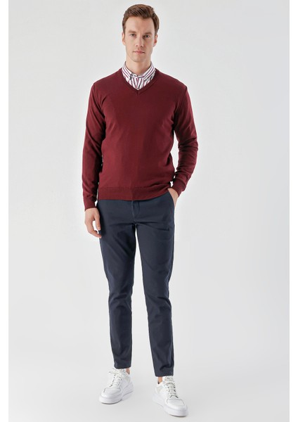 Erkek Koyu Bordo Basic V Yaka Dynamic Fit Rahat Kesim Triko