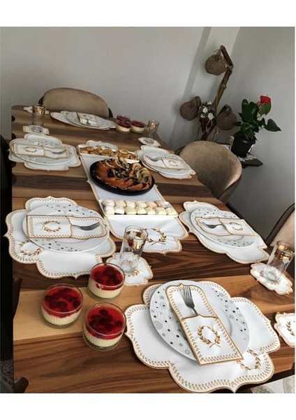 Başak Krem Gold Amerikan Servis 6 Kişilik 19 Parça Runner Seti Nakışlı Deri Yemek Sunum Takımı