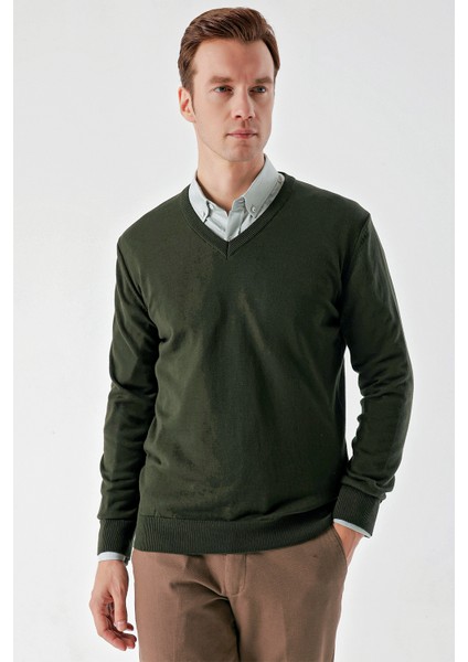 Erkek Haki Basic V Yaka Dynamic Fit Rahat Kesim Triko fiyatları