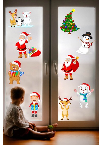 Yeni Yıl Merry Christmas Özel Kesimli Cam Duvar Kapı Sticker Setleri - Yılbaşı Seti