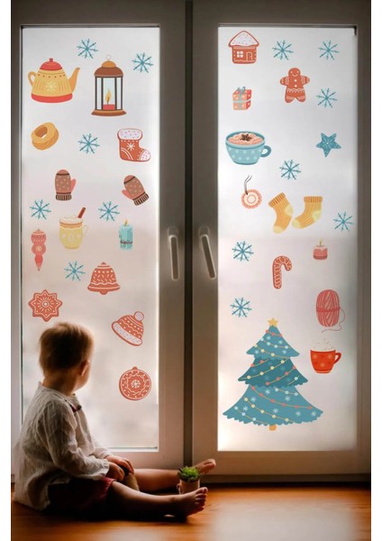 Yeni Yıl Merry Christmas Özel Kesimli Cam Duvar Kapı Sticker Setleri - Yılbaşı Seti