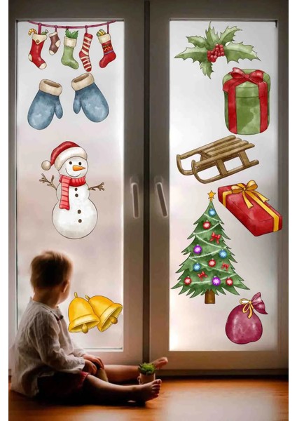 Yeni Yıl Merry Christmas Figürleri Cam Duvar Kapı Sticker Setleri - Yılbaşı Seti