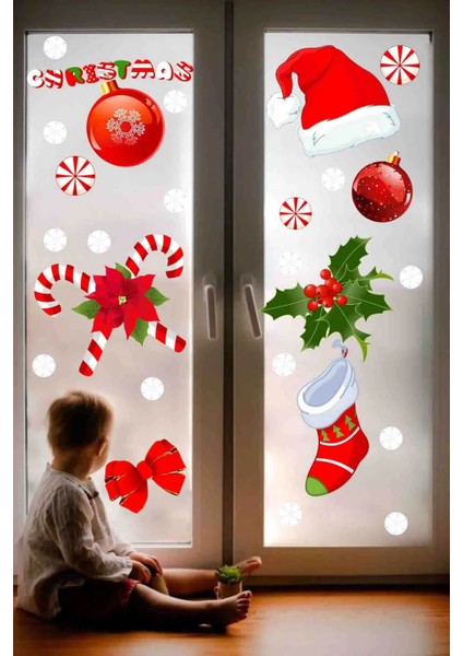 Yeni Yıl Merry Christmas Figürleri Cam Duvar Kapı Sticker Setleri - Yılbaşı Seti