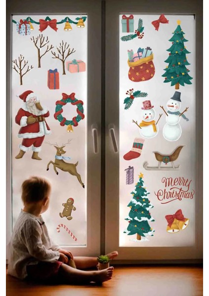 Yeni Yıl Merry Christmas Figürleri Cam Duvar Kapı Sticker Setleri - Yılbaşı Seti