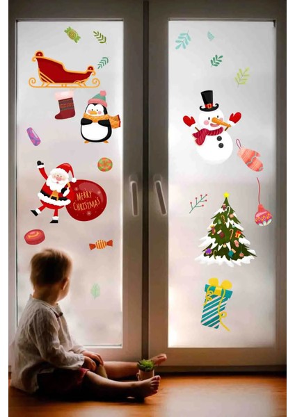 Yeni Yıl Merry Christmas Figürleri Cam Duvar Kapı Sticker Setleri - Yılbaşı Seti