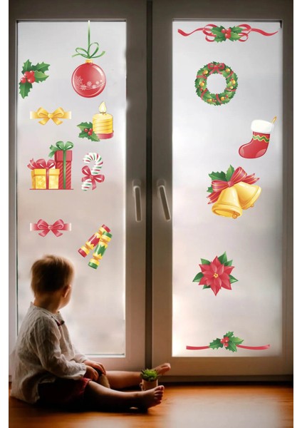 Yeni Yıl Merry Christmas Figürleri Cam Duvar Kapı Sticker Setleri - Yılbaşı Seti