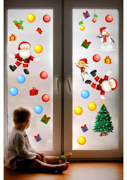 Yeni Yıl Merry Christmas Figürleri Cam Duvar Kapı Sticker Setleri - Yılbaşı Seti