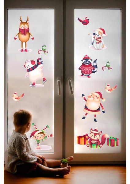 Yeni Yıl Merry Christmas Figürleri Cam Duvar Kapı Sticker Setleri - Yılbaşı Seti