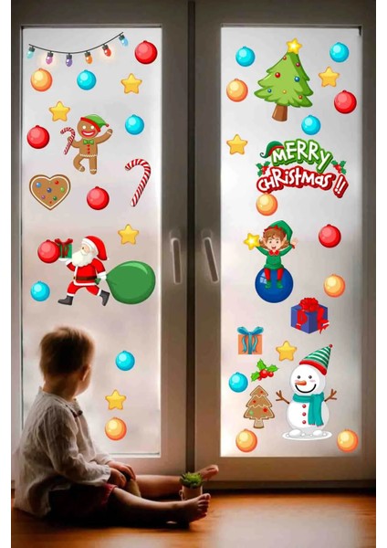 Yeni Yıl Merry Christmas Figürleri Cam Duvar Kapı Sticker Setleri - Yılbaşı Seti