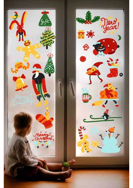 Yeni Yıl Merry Christmas Figürleri Cam Duvar Kapı Sticker Setleri - Yılbaşı Seti