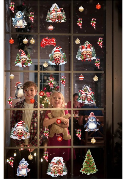 Yılbaşı Christmas Minik Kızlar ve Penguenler 51 Parça Cam Duvar Kapı Sticker Seti- Yılbaşı Seti