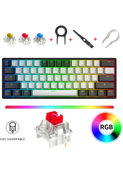 K620 Rgb 61 Tuş Type-C Kablolu Hot Swap Mekanik Klavye-3 Adet Switch Hediyeli