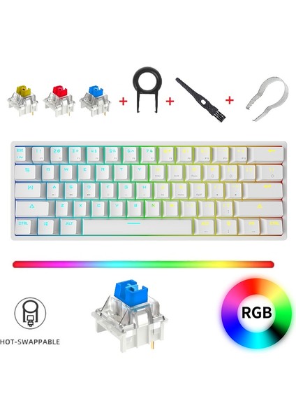K620 Rgb 61 Tuş Type-C Kablolu Hot Swap Mekanik Klavye-3 Adet Switch Hediyeli