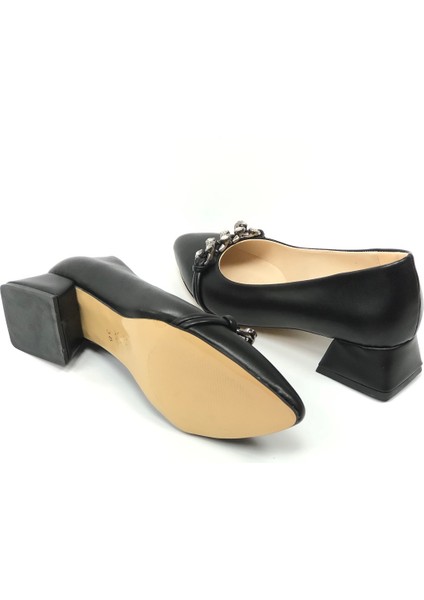 Kafkaslar 3 cm Kalın Topuk Zincir Taş Detaylı Kadın Stiletto Klasik Ayakkabı indirimleri